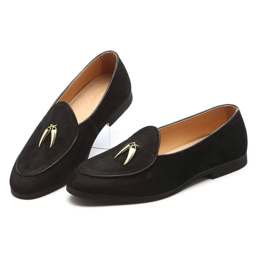 Santimon Men's US 8.5 Black Suede Smoking‎ Slip On Loafers Formal Dress Shoes